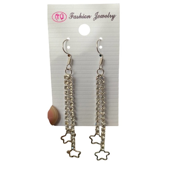 Fashion Jewelry Silver Tone Rhinestone Dangle Star Earrings - Picture 1 of 1